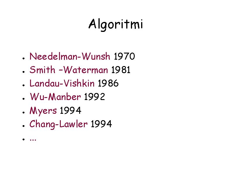 Algoritmi ● ● ● ● Needelman-Wunsh 1970 Smith –Waterman 1981 Landau-Vishkin 1986 Wu-Manber 1992