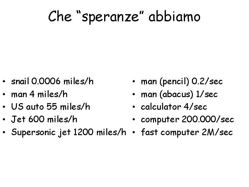 Che “speranze” abbiamo • • • snail 0. 0006 miles/h man 4 miles/h US