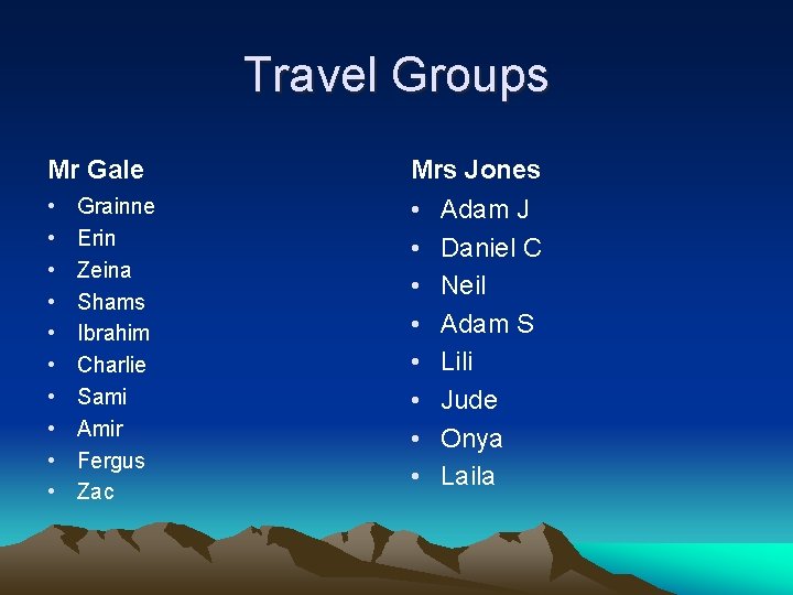 Travel Groups Mr Gale Mrs Jones • • • • • Grainne Erin Zeina