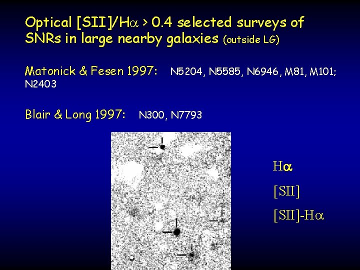 Optical [SII]/H > 0. 4 selected surveys of SNRs in large nearby galaxies (outside