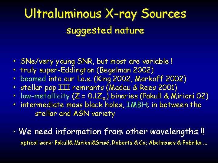 Ultraluminous X-ray Sources suggested nature • • • SNe/very young SNR, but most are