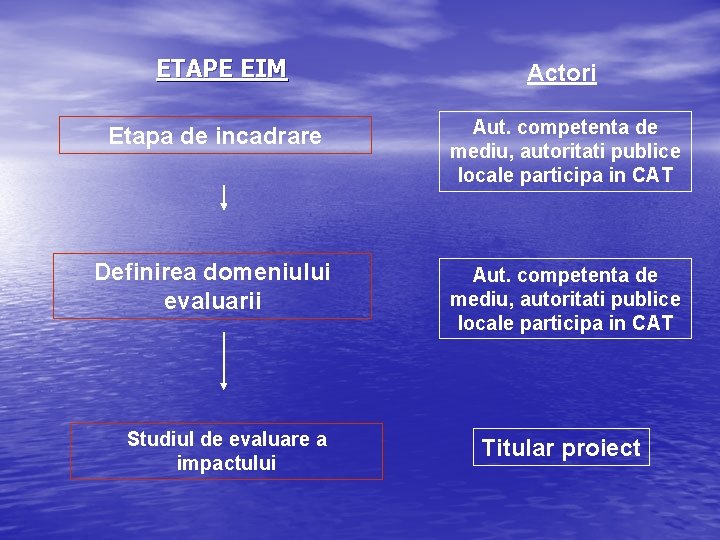 ETAPE EIM Actori Etapa de incadrare Aut. competenta de mediu, autoritati publice locale participa