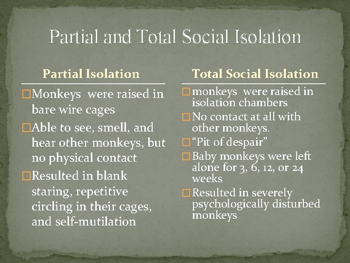 Partial and Total Social Isolation Partial Isolation �Monkeys were raised in bare wire cages