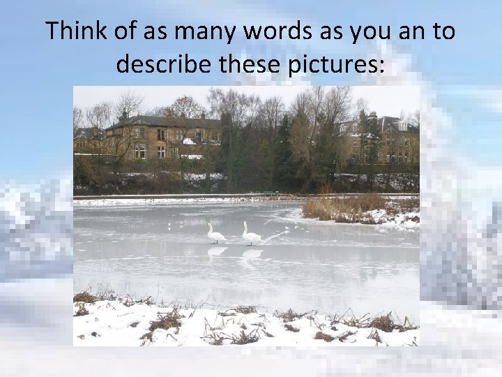 Think of as many words as you an to describe these pictures: 