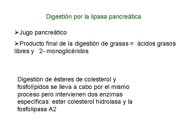 Digestión por la lipasa pancreática ØJugo pancreático ØProducto final de la digestión de grasas