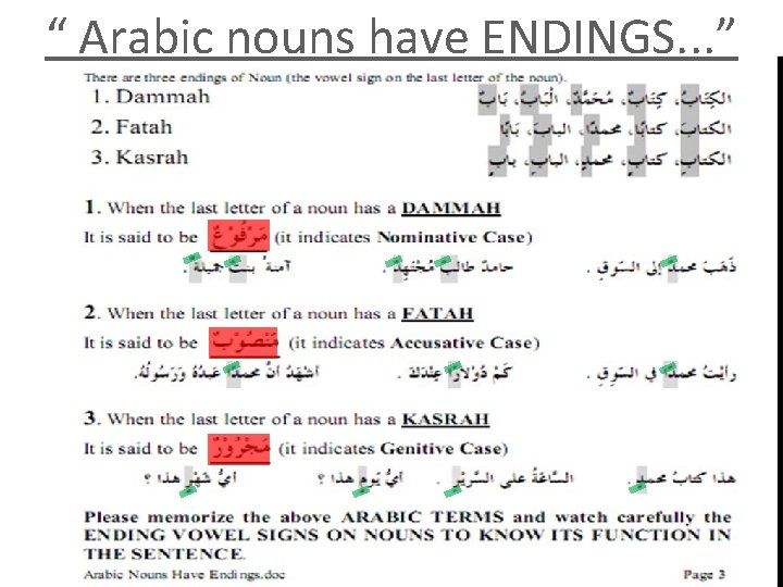 “ Arabic nouns have ENDINGS. . . ” 