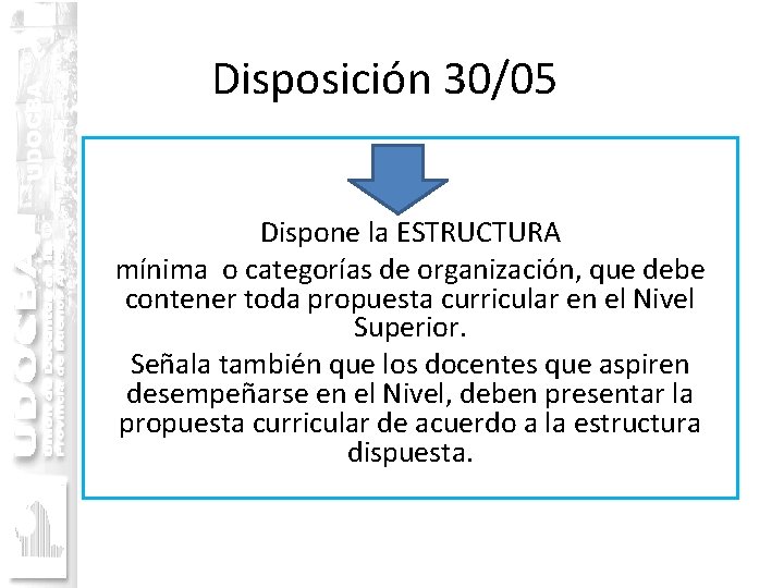 Disposición 30/05 Dispone la ESTRUCTURA mínima o categorías de organización, que debe contener toda