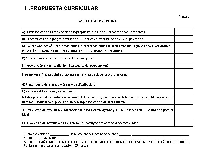 II. PROPUESTA CURRICULAR Puntaje ASPECTOS A CONSIDERAR A) Fundamentación (Justificación de la propuesta a