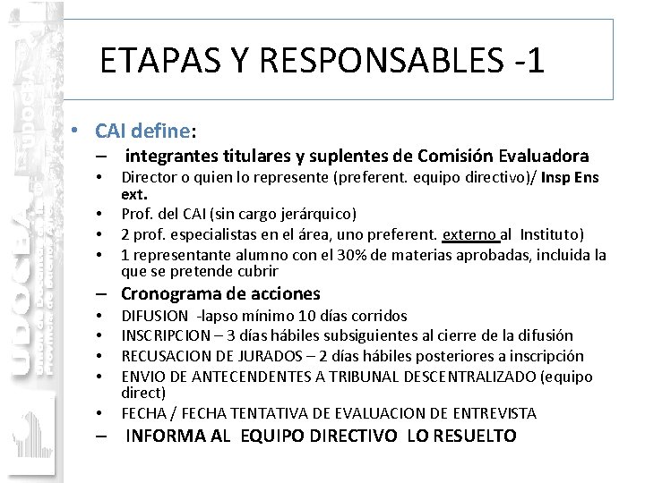 ETAPAS Y RESPONSABLES -1 • CAI define: – integrantes titulares y suplentes de Comisión