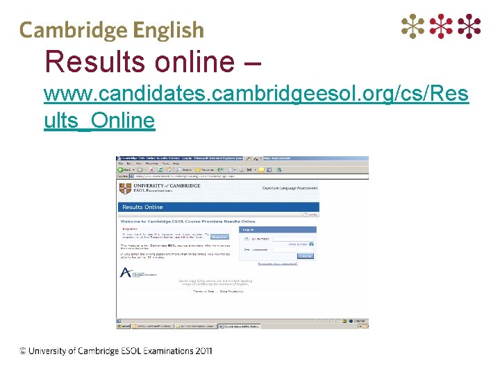 Results online – www. candidates. cambridgeesol. org/cs/Res ults_Online 