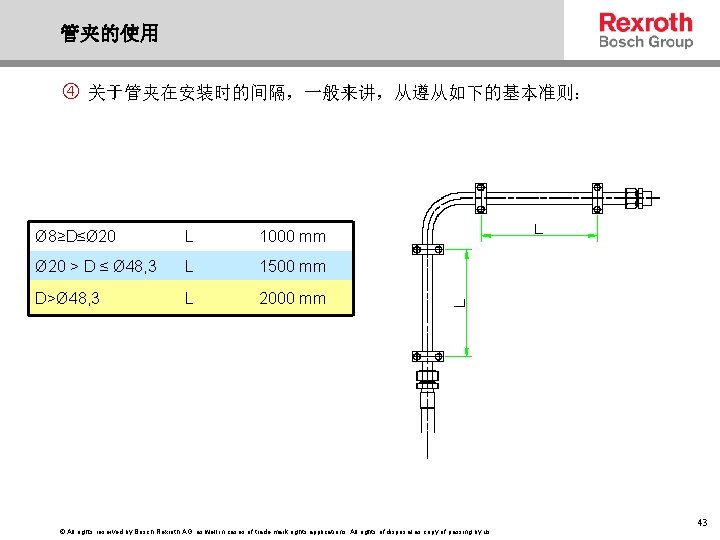 管夹的使用 关于管夹在安装时的间隔，一般来讲，从遵从如下的基本准则： Ø 8≥D≤Ø 20 L 1000 mm Ø 20 > D ≤ Ø