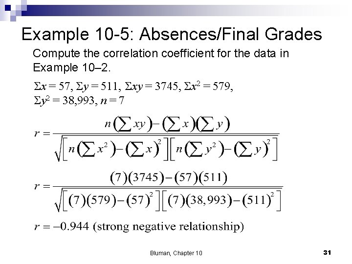 Example 10 -5: Absences/Final Grades Compute the correlation coefficient for the data in Example