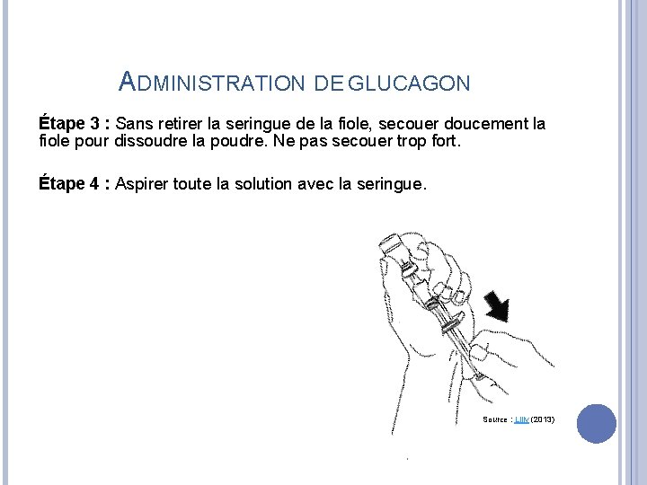 ADMINISTRATION DE GLUCAGON Étape 3 : Sans retirer la seringue de la fiole, secouer