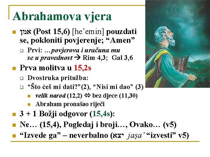 Abrahamova vjera n ( אמן Post 15, 6) [he’emin] pouzdati se, pokloniti povjerenje; “Amen”