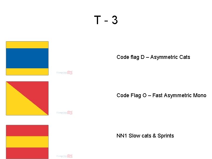 T-3 Code flag D – Asymmetric Cats Code Flag O – Fast Asymmetric Mono