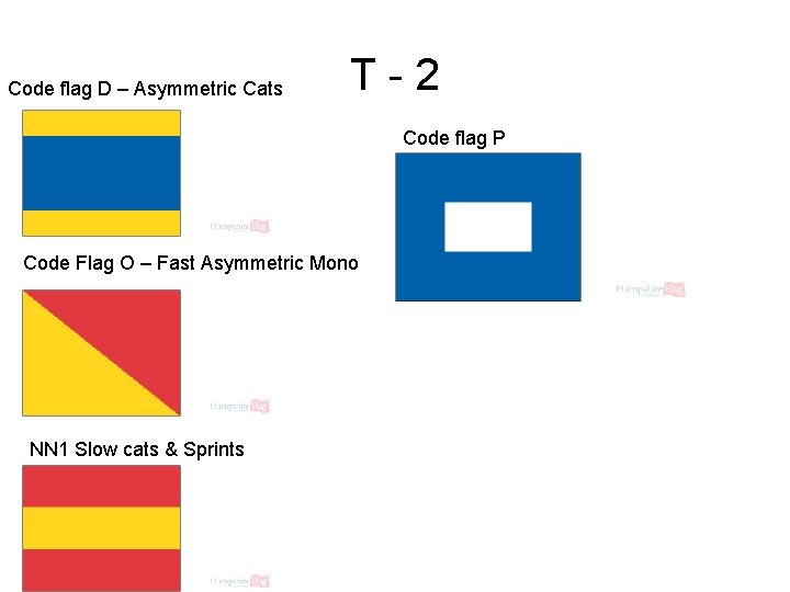 Code flag D – Asymmetric Cats T-2 Code flag P Code Flag O –