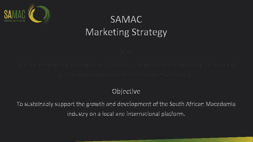 SAMAC Marketing Strategy Aim To drive a marketing strategy that is relevant and balanced