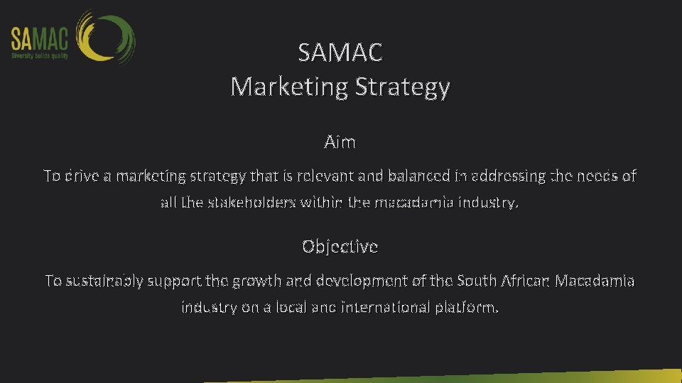 SAMAC Marketing Strategy Aim To drive a marketing strategy that is relevant and balanced