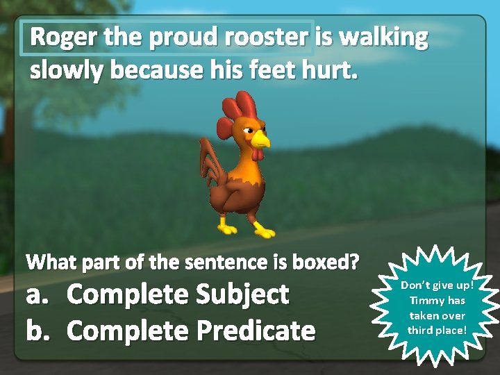 Roger the proud rooster is walking slowly because his feet hurt. What part of