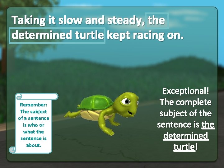 Taking it slow and steady, the determined turtle kept racing on. Remember: The subject