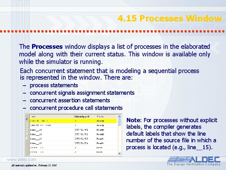 4. 15 Processes Window The Processes window displays a list of processes in the