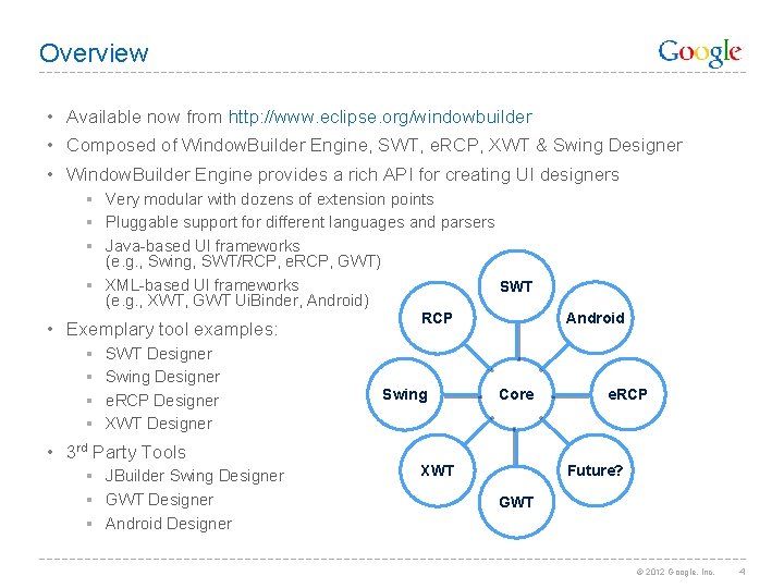 Overview • Available now from http: //www. eclipse. org/windowbuilder • Composed of Window. Builder