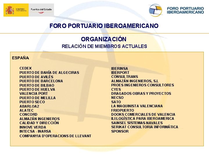 FORO PORTUARIO IBEROAMERICANO ORGANIZACIÓN RELACIÓN DE MIEMBROS ACTUALES CEDEX PUERTO DE BAHÍA DE ALGECIRAS