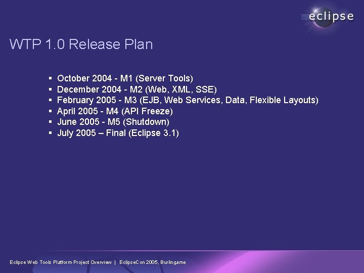WTP 1. 0 Release Plan § § § October 2004 - M 1 (Server