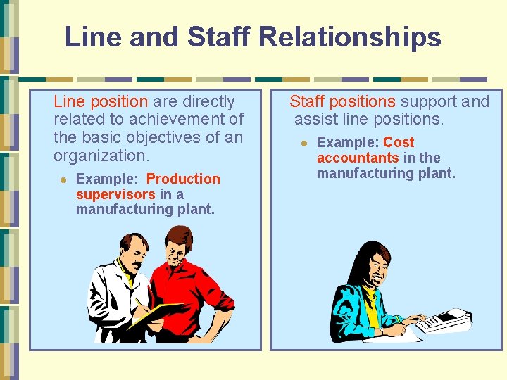 Line and Staff Relationships Line position are directly related to achievement of the basic