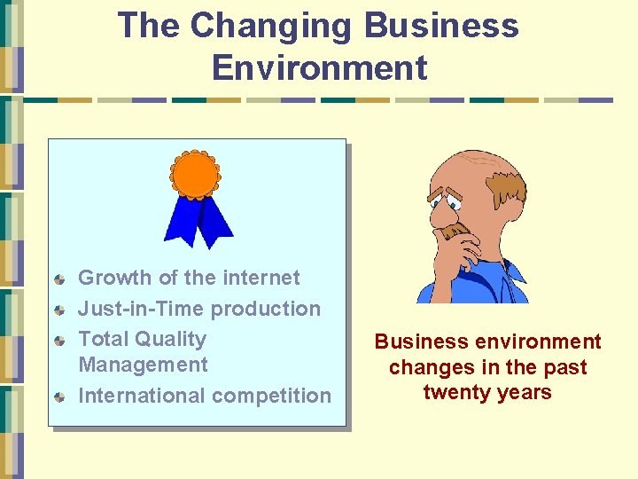 The Changing Business Environment Growth of the internet Just-in-Time production Total Quality Management International