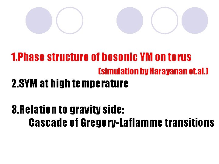 1. Phase structure of bosonic YM on torus (simulation by Narayanan et. al. )