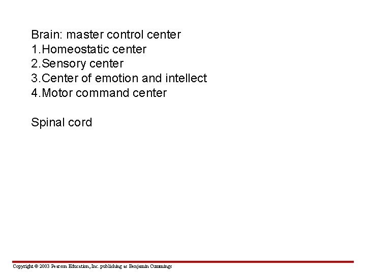 Brain: master control center 1. Homeostatic center 2. Sensory center 3. Center of emotion