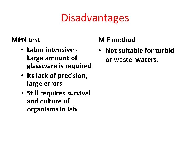 Disadvantages MPN test M F method • Labor intensive • Not suitable for turbid Disadvantages MPN test M F method • Labor intensive • Not suitable for turbid