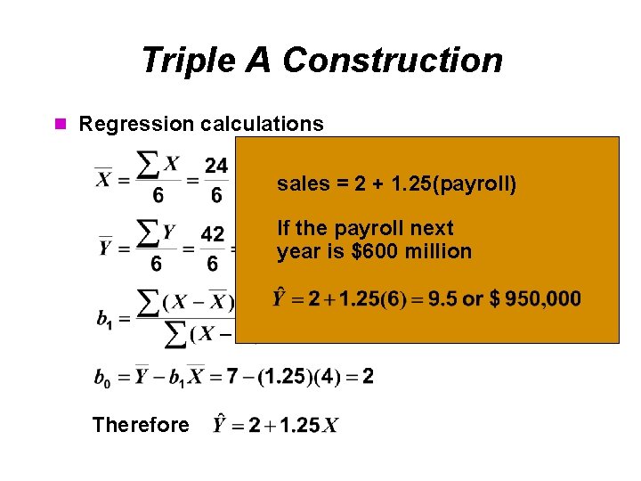 Triple A Construction n Regression calculations sales = 2 + 1. 25(payroll) If the
