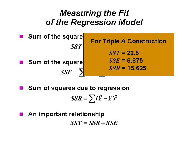 Measuring the Fit of the Regression Model n Sum of the squares total For