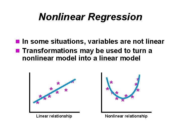 Nonlinear Regression n In some situations, variables are not linear n Transformations may be