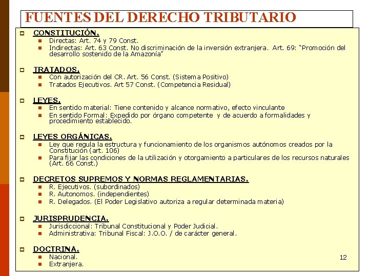 FUENTES DEL DERECHO TRIBUTARIO p CONSTITUCIÓN. n n p TRATADOS. n n p n