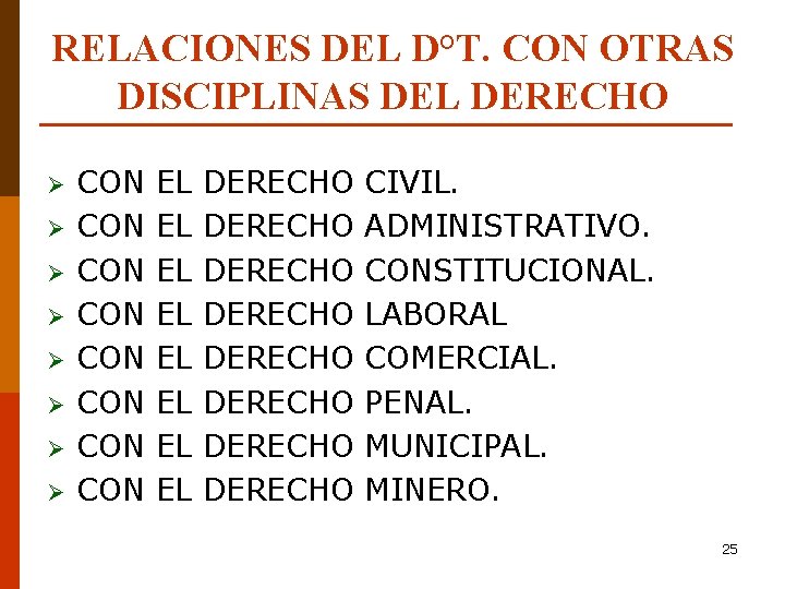 RELACIONES DEL D°T. CON OTRAS DISCIPLINAS DEL DERECHO Ø Ø Ø Ø CON CON