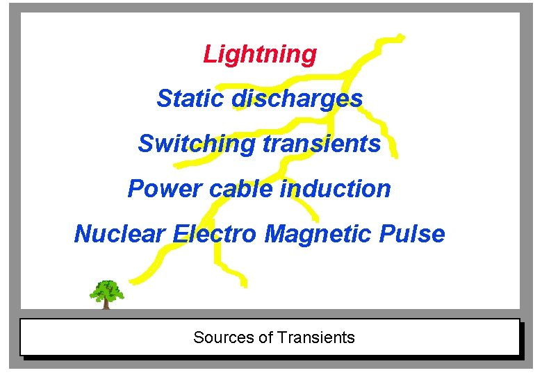 Lightning Static discharges Switching transients Power cable induction Nuclear Electro Magnetic Pulse Sources of