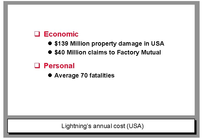q Economic l $139 Million property damage in USA l $40 Million claims to