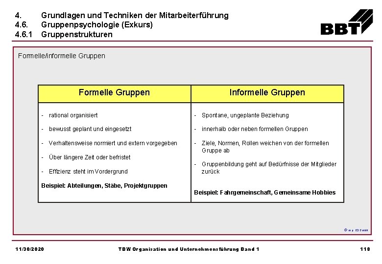 4. 4. 6. 1 Grundlagen und Techniken der Mitarbeiterführung Gruppenpsychologie (Exkurs) Gruppenstrukturen Formelle/informelle Gruppen