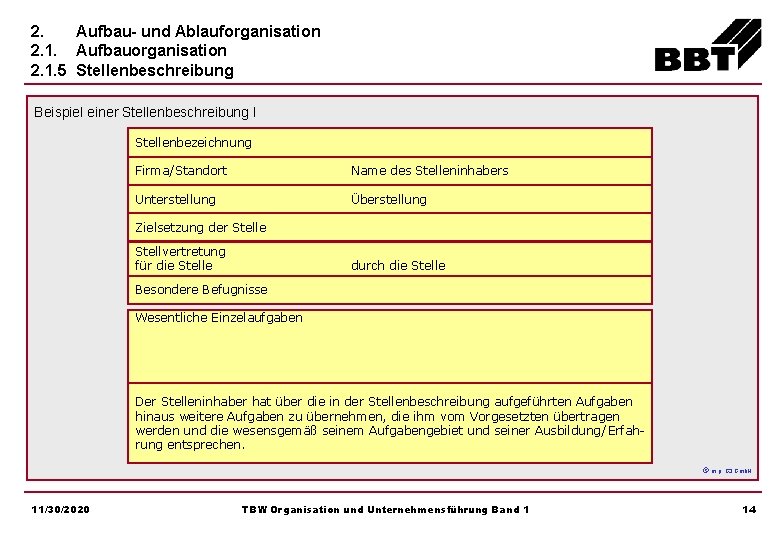 2. Aufbau- und Ablauforganisation 2. 1. Aufbauorganisation 2. 1. 5 Stellenbeschreibung Beispiel einer Stellenbeschreibung