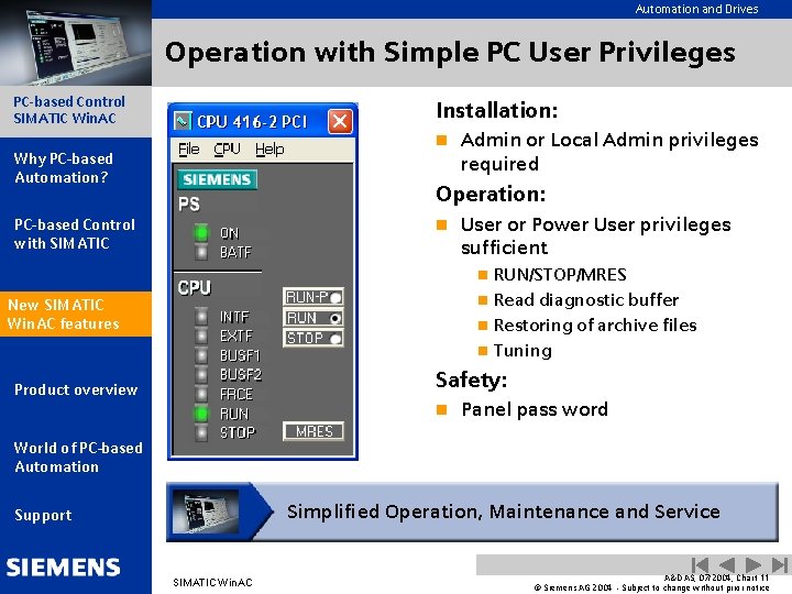 Automation and Drives Operation with Simple PC User Privileges PC-based Control SIMATIC Win. AC