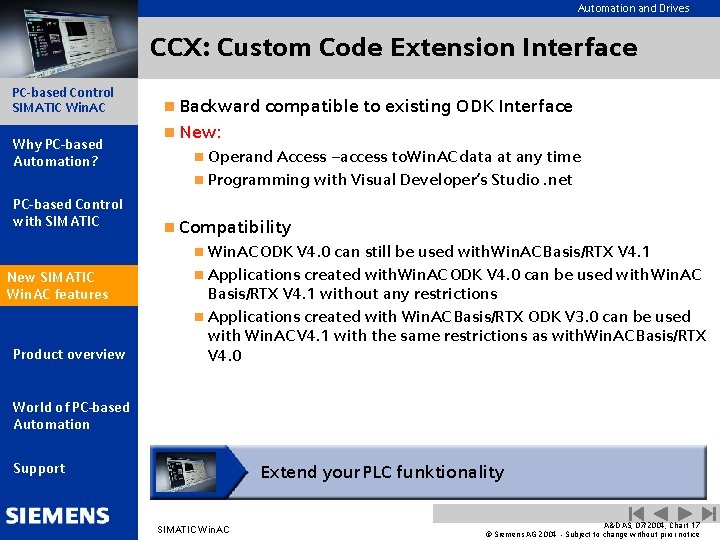 Automation and Drives CCX: Custom Code Extension Interface PC-based Control SIMATIC Win. AC Why