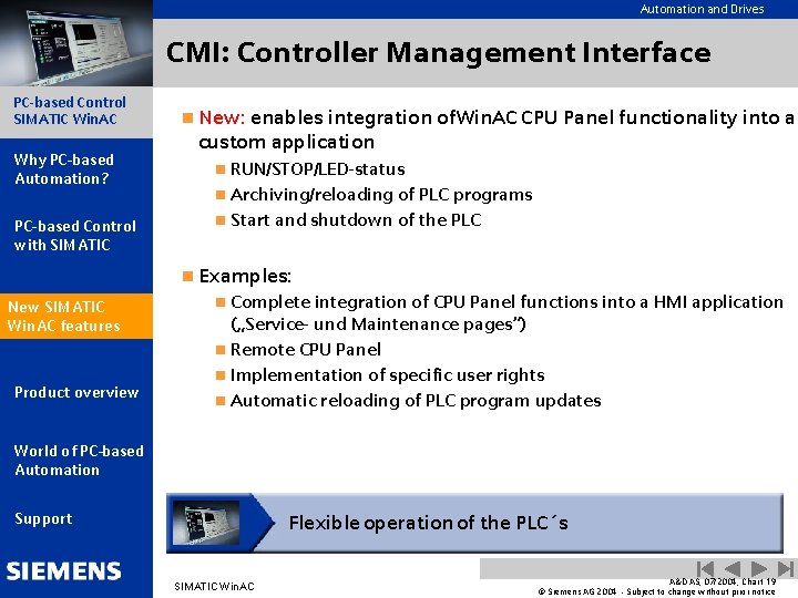 Automation and Drives CMI: Controller Management Interface PC-based Control SIMATIC Win. AC Why PC-based