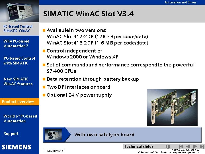 Automation and Drives SIMATIC Win. AC Slot V 3. 4 PC-based Control SIMATIC Win.