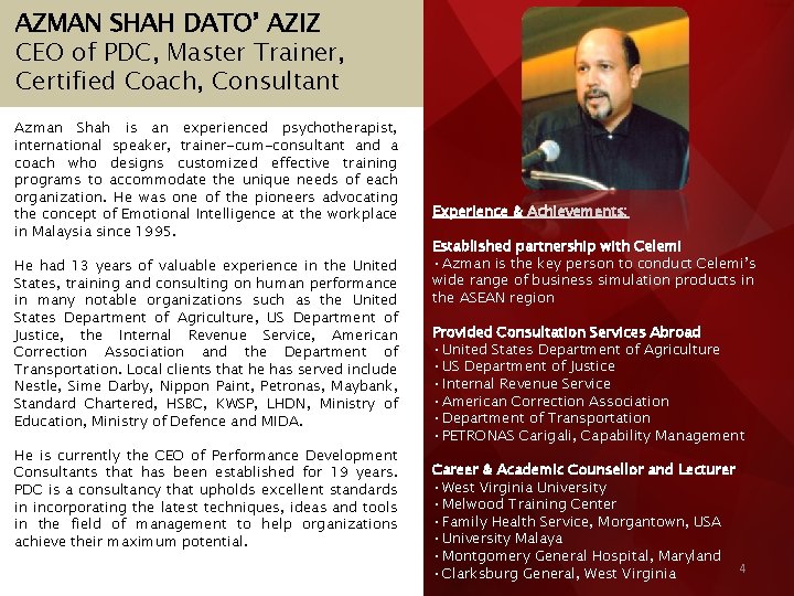 AZMAN SHAH DATO’ AZIZ CEO of PDC, Master Trainer, Certified Coach, Consultant Azman Shah