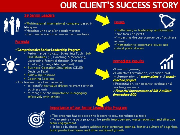 OUR CLIENT’S SUCCESS STORY 29 Senior Leaders üMultinational international company based in Malaysia üHeading