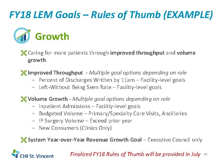 FY 18 LEM Goals – Rules of Thumb (EXAMPLE) Growth Caring for more patients