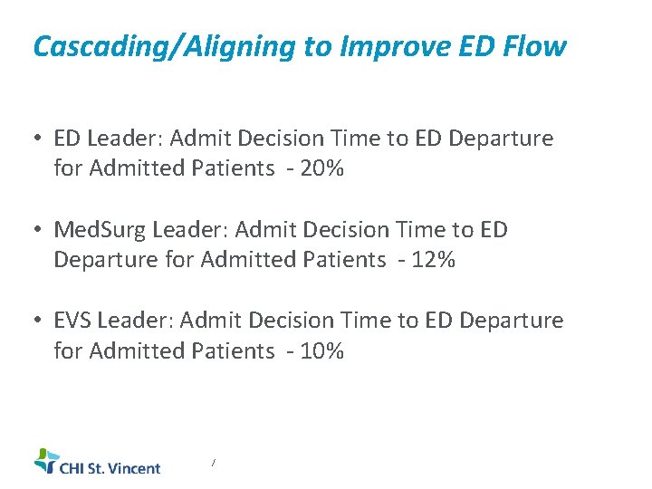 Cascading/Aligning to Improve ED Flow • ED Leader: Admit Decision Time to ED Departure